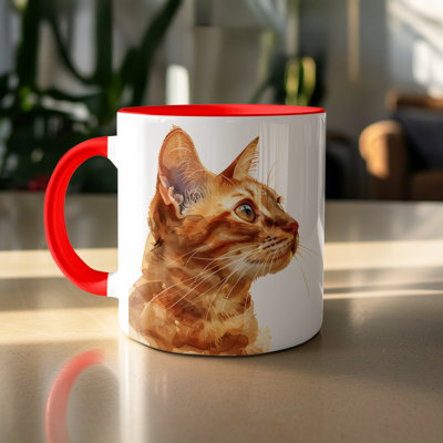 Cat Design 11oz Accent Mug – White Ceramic Coffee Cup with Colored Handle and Interior