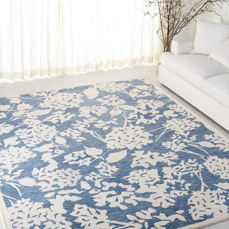 Lauren Ralph Lauren Hand Tufted Wool/Cotton Floral Rug in Blue/Ivory, Square 5'