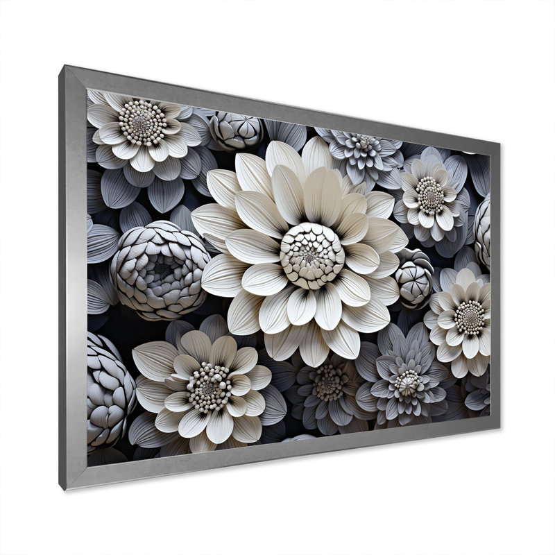 Minimalisme noir et blanc, collage Zinnias sur toile, Cadre simple argenté, H 16 po x l 32 po x P 1 po