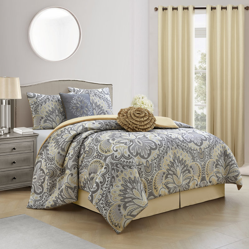 Ensemble d'édredon réversible en microfibre à motif floral Amelia, Cal. King Comforter + 7 Additional Pieces, Gris/jaune