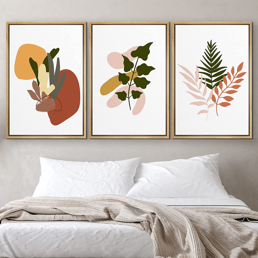 " Abstract Shapes And Variety Leaves Collage " 3 - Pieces IDEA4WALL