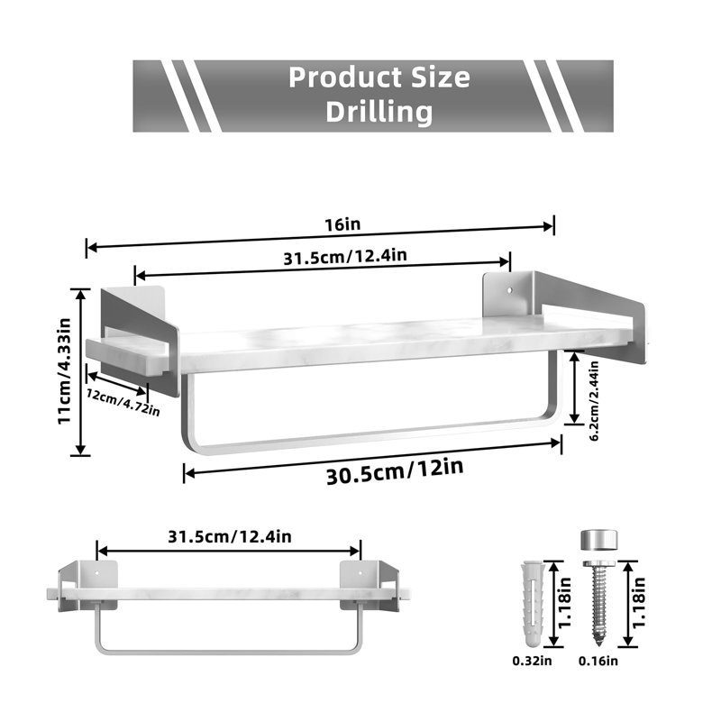 Elegant 16-Inch Marble Wall Shelf With Towel Bar - Durable Space-Saving Design For Bathroom And Living Room