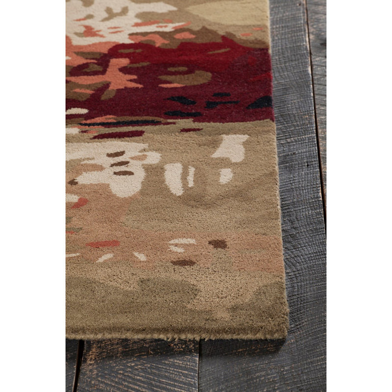 Tapis abstrait moderne en laine touffeté à la main Mikiel, vert, noir, marron, crème et brun, 2 pi x 3 pi