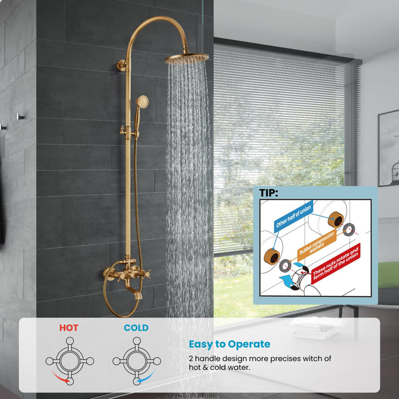 Triple Function Exposed Shower System with 8" Rain Showerhead, Handheld Sprayer & Tub Spout – Adjustable Height