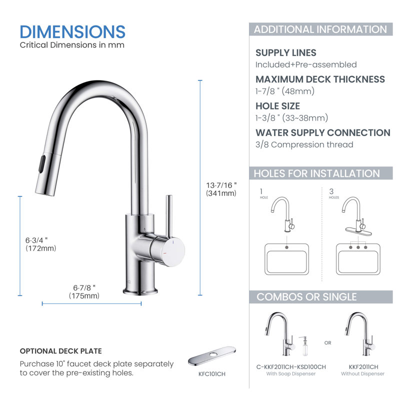 Robinet de cuisine à poignée simple avec accessoires Luxe, Chrome chrome