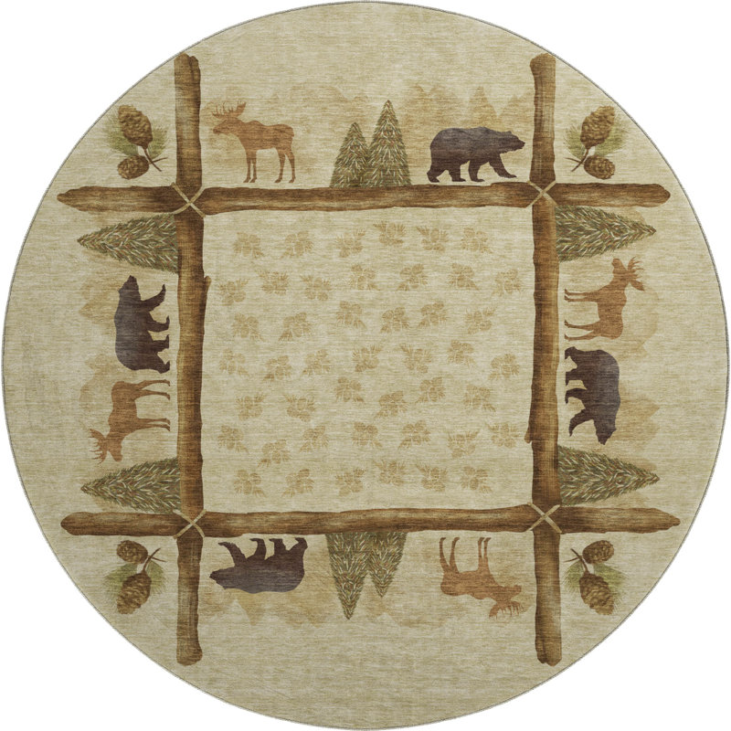Premium Machine Washable Markhi AMF142 Khaki Rug, Round 8'