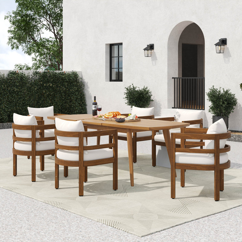 Trancy Patio 7-Piece Acacia Wood Dining Set With Cushions & Expandable Table, Brown Finish