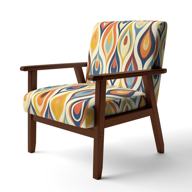 Retro Abstract Drops XI - Velvet Upholstered Midcentury Arm Chair, Midcentury Accent Chair, Yellow/Blue Polyester