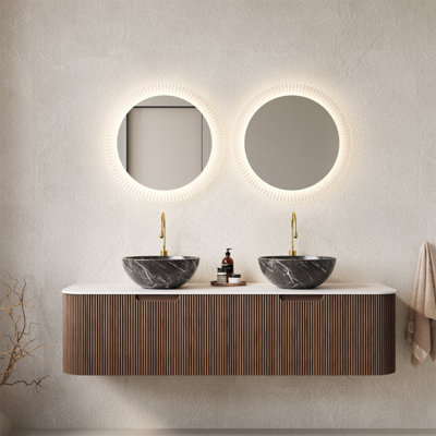 Meuble-lavabo de 60 po avec lavabos, armoire de rangement murale rayée à bords arrondis avec 2 tiroirs, 2 cuves en céramique noires avec motif de pierres, pré-assemblée