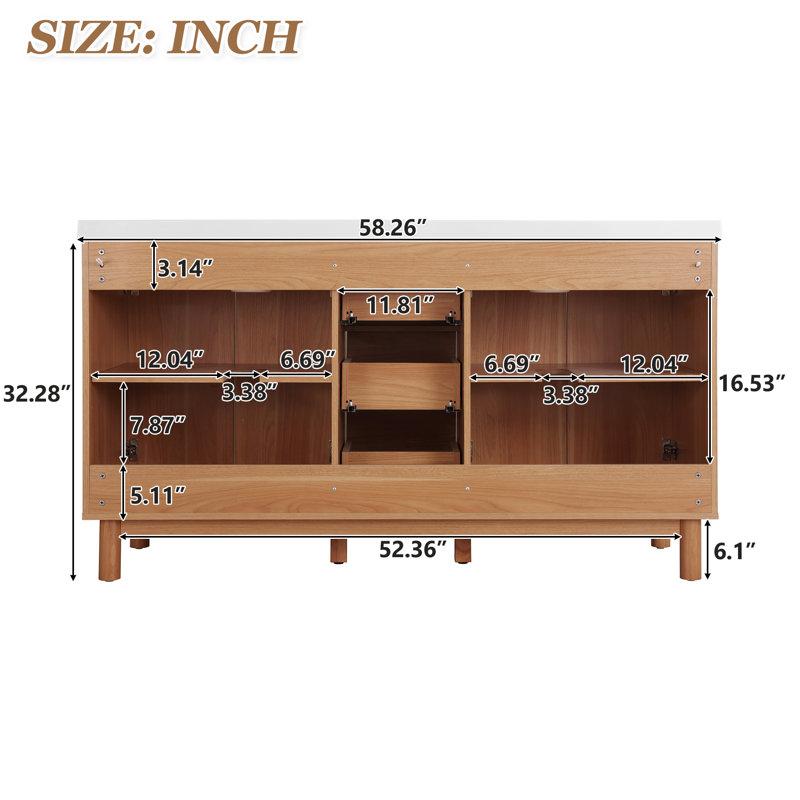 Meuble-lavabo double 59 po avec lavabo en résine SMC, armoire de rangement moderne à poignées cachées avec tablettes en U et tiroirs à fermeture en douceur