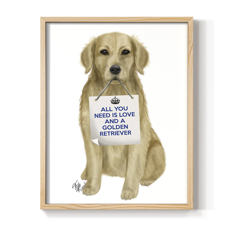«Love and Golden Retriever», reproduction encadrée - bois massif