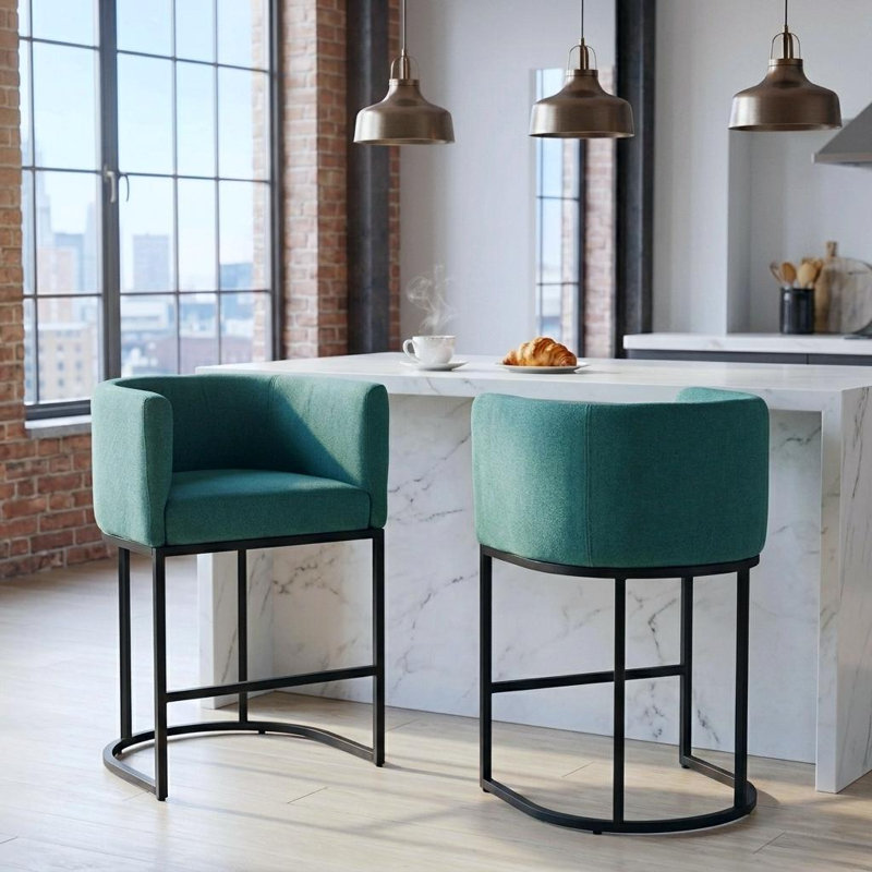 Upholstered Bar Stool with Iron Frame, Green / Black