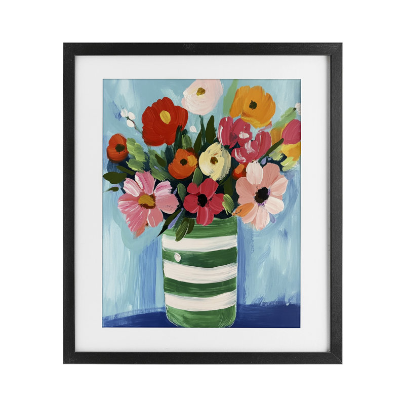 Bouquet dans un vase rayé vert, reproduction encadrée sous verre, design par Petal Prints Design, Cadre noir minuit
