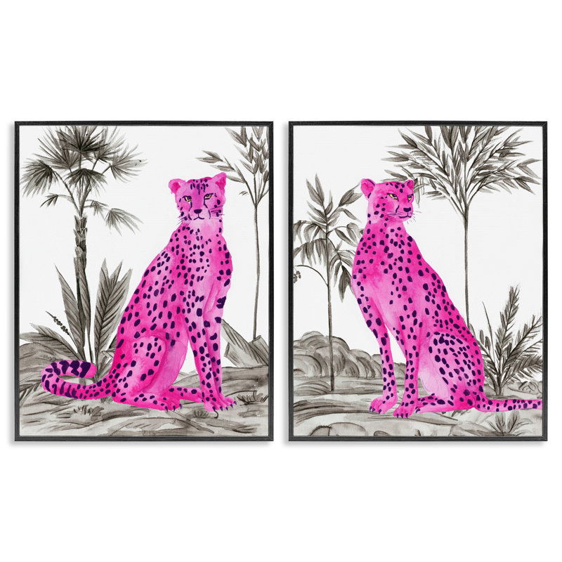 Ensemble de 2 giclées néon rose léopard, design par Melissa Wang, H 14 po x l 11 po, Giclée encadrée noir minuit