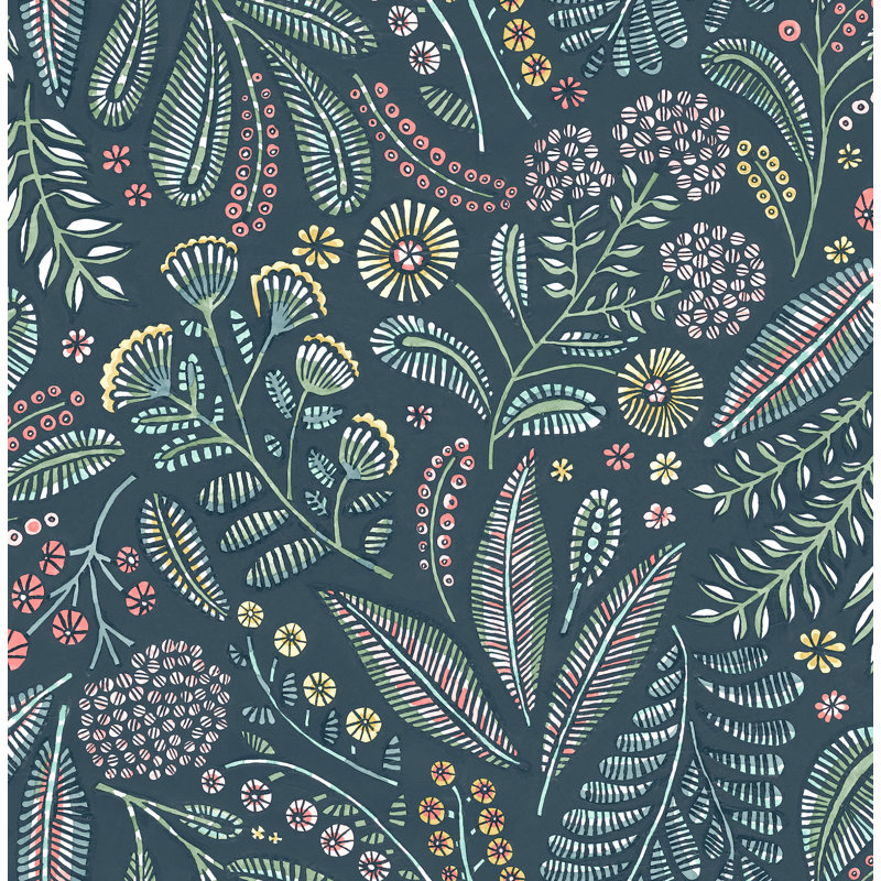 Briar Navy Floral Wallpaper, Teal