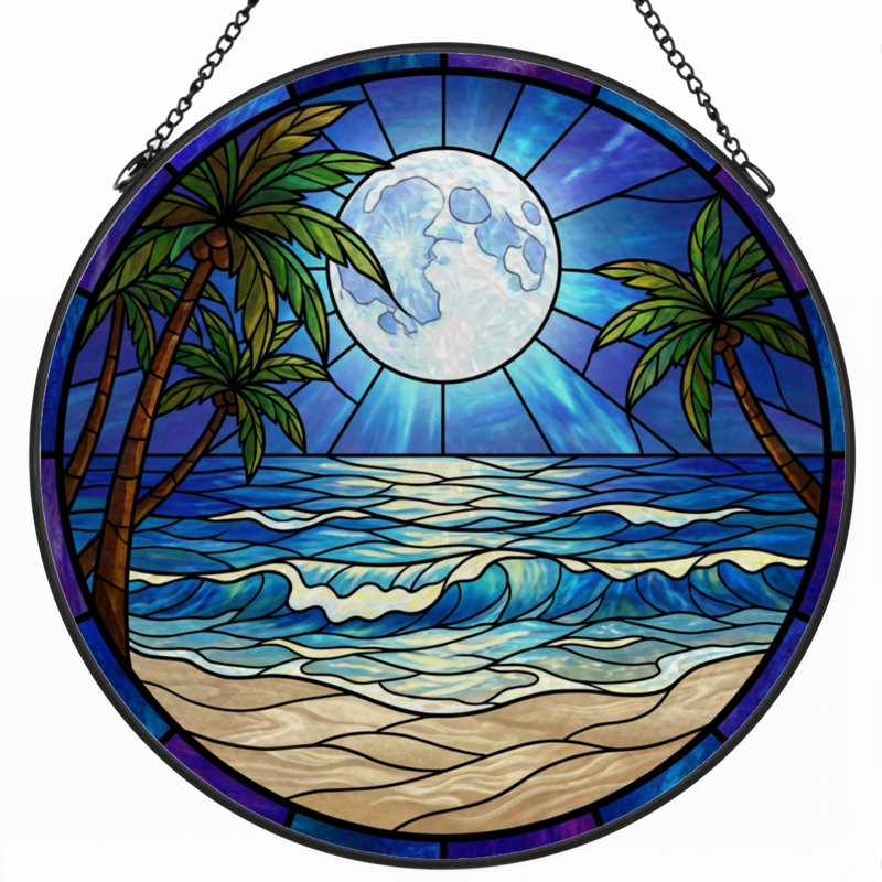 Panneau de vitrail de plage 7,8 "H Moonlight, H 7,8 po x l 7,8 po