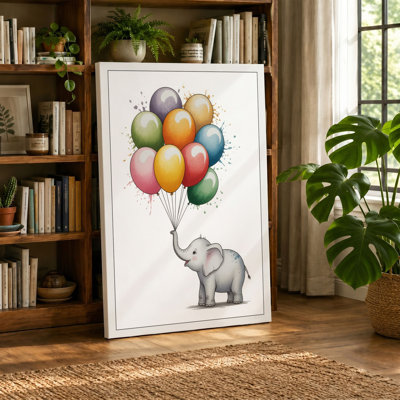 Elephant with Balloons Whimsical - Wrapped Canvas