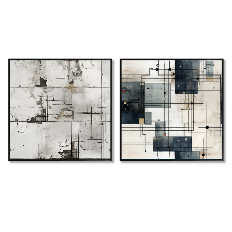 Francina - Ensemble de 2 collages carrés à formes abstraites, Cadre flottant noir, H 16 po x l 33 po