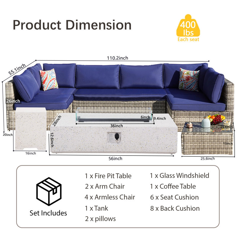 Ensemble de conversation modulaire 9 pièces avec coussins et table foyer, Bleu marine / gris