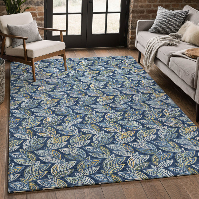 Machine Washable Indoor/Outdoor Chantille ACN2557 Botanical Rug, 8' x 10', Navy