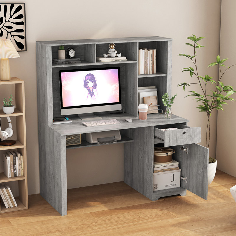 Bureau d'ordinateur avec huche et bibliothèque (sans les chaises de bureau), Gris, Gris