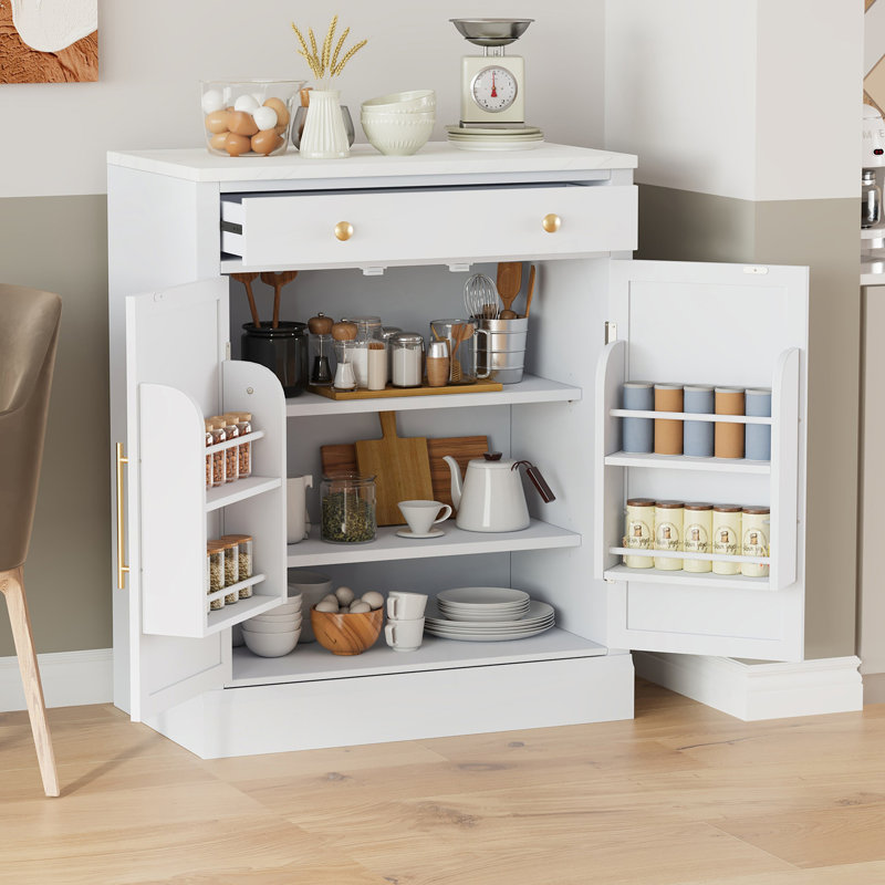 Buffet Coffee Bar Cabinet With Drawer, Modern Freestanding Kitchen Pantry, Accent Cabinet With Adjustable Shelves, Gold