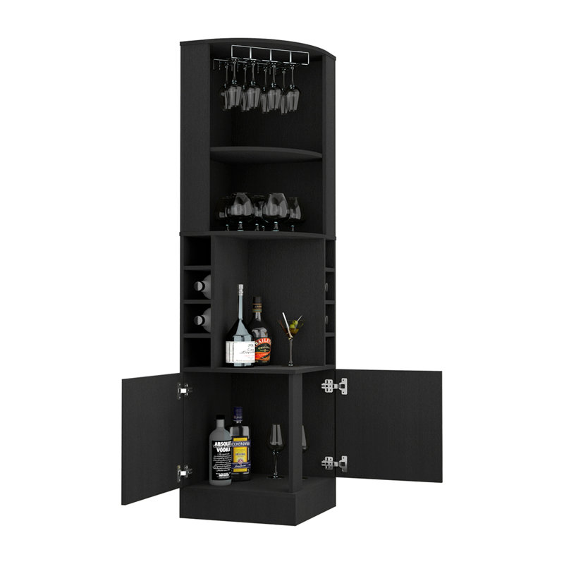 Armoire de bar d'angle, support en verre, armoire à double porte, huit supports à vin intégrés, Noir