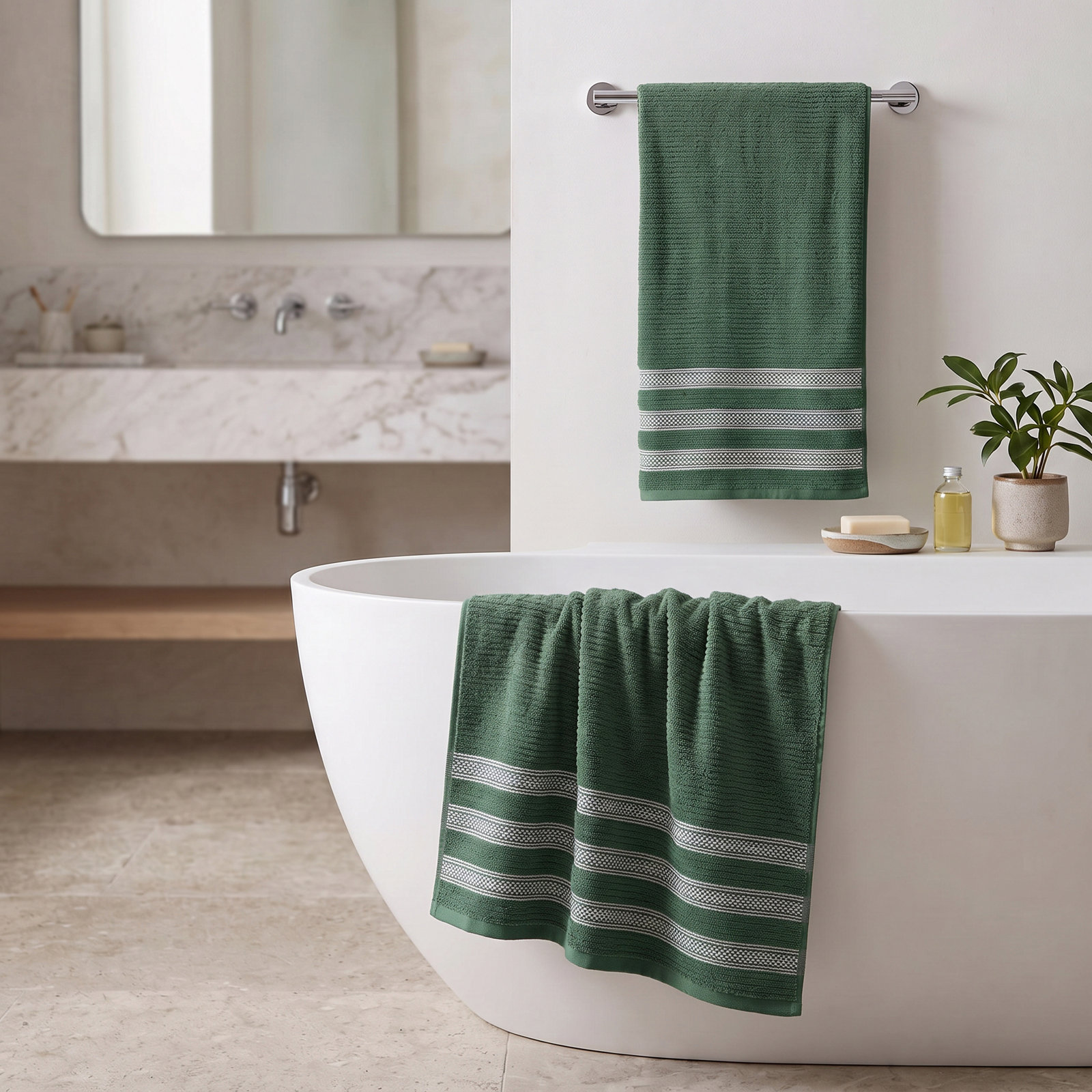 3-Piece Geometric Zero-Twist Cotton Towel Set, Forest Green