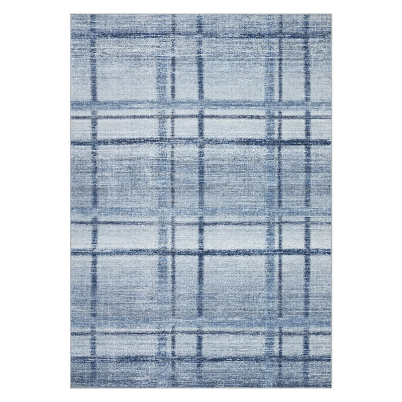 Washable Rug Modern Rug Non-Slip BackingStain-Resistant Striped RugsFoldable Carpet for Bedroom Nursery Office, Blue