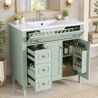 Meuble-lavabo autoportant de 36 po Velmori avec lavabo en céramique, tiroir de rangement rabattable et quincaillerie dorée