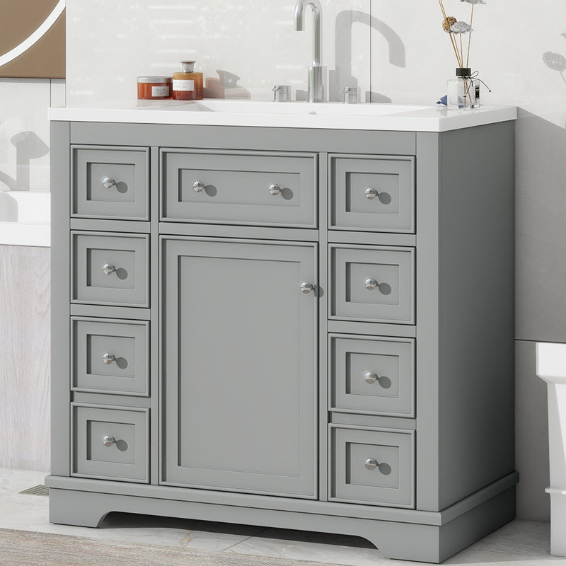 Ensemble de meuble-lavabo sur pied simple 36 po avec comptoir en céramique Kiryl, Gris