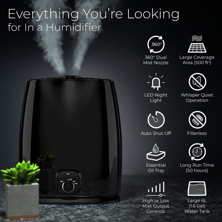 50-Hour Ultrasonic Cool Mist Humidifiers for Bedroom (6L) - Quiet,  Filterless Humidifiers for Large Room w/ Essential Oils Tray - Small Air  Vaporizer for Baby, Kids, Plant, Home - Everlasting Comfort 
