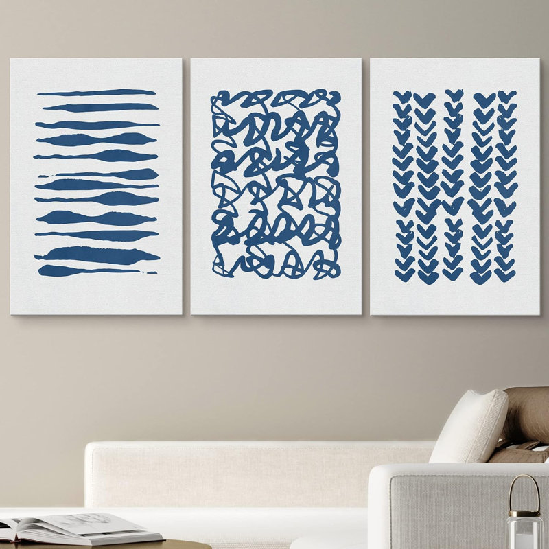 «Geometric Line Blue Brush Stroke Line Art Collage Abstract Patterns Modern Art Mid-Century Modern on Canvas», reproduction de 3 pièces