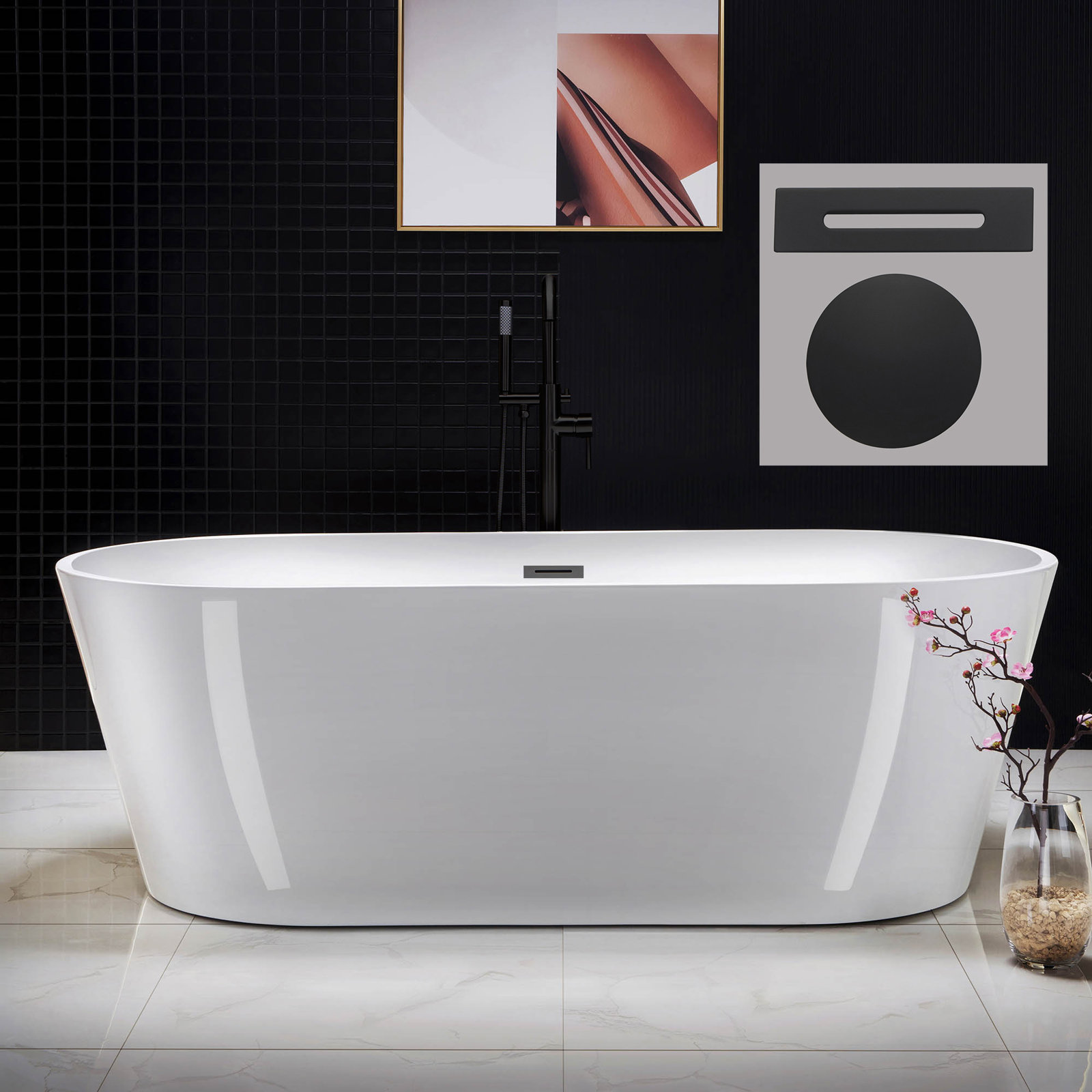 Cove 71'' Soaking Acrylic Bathtub, White/Matte Black