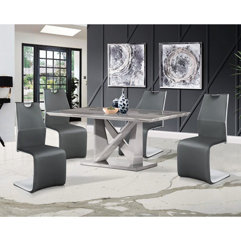 Contemporary Dining Table Grey, Marble-like Surface And Silver Finish, Seats 6, Rectangular, Pedestal Base, Wood + Metal Glass Grey Table, Modern Look With Top Glowing, Solid Filler