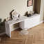 Coiffeuse en L blanche avec commode intégrée à 6 tiroirs, armoire de maquillage moderne à panneaux texturés, idéale pour la chambre à coucher.