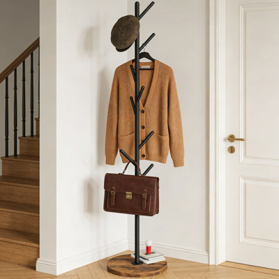Freestanding Coat Rack With 9 Hooks, Heavy Duty Metal Hall Tree With Weighted Wooden Base, Space Saving Entryway Organizer For Coats, Bags, And Hats