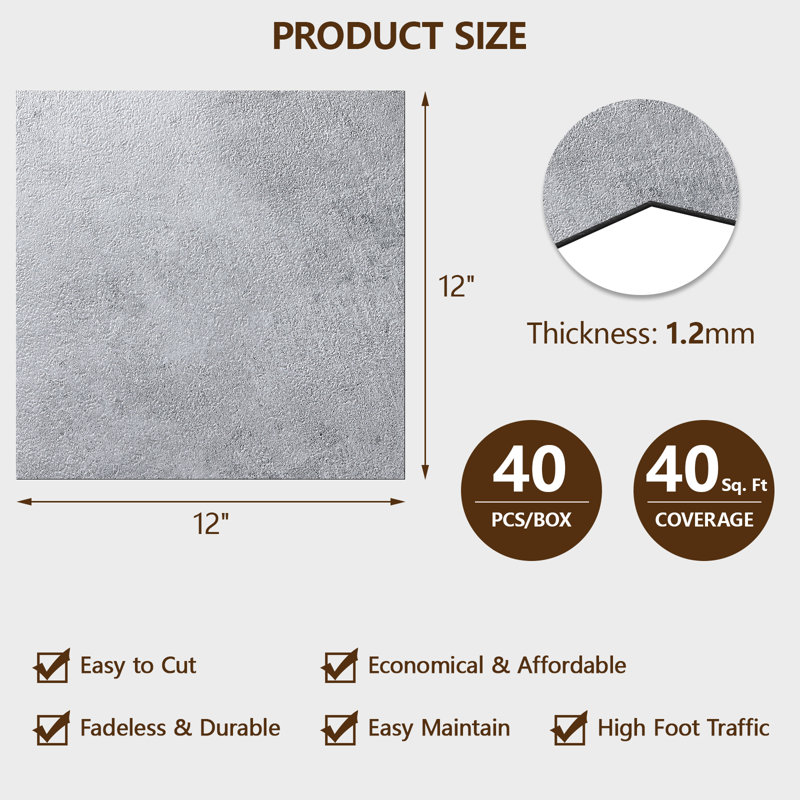 Carreaux de sol pelez et collez 12 po x 12 po FLYFish, plancher en vinyle épais de 1,2 mm, 40 tuiles, marbre Chauny