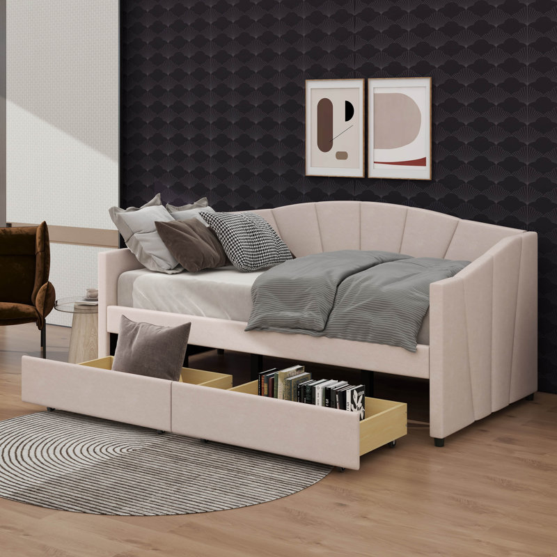 Upholstered Twin Size Daybed With Two Drawers, Beige