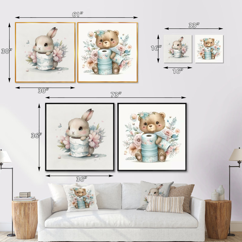 Lapin avec rouleau de papier hygiénique et fleurs - ensemble de 2 carrés de salle de bain, Cadre flottant noir
