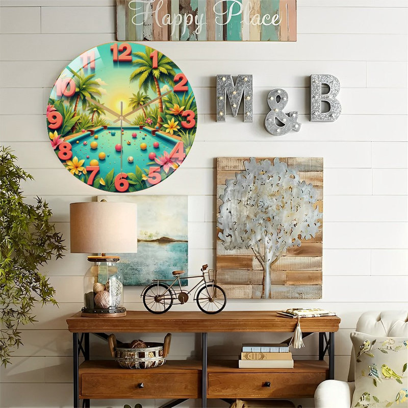 Horloge murale tropicale avec boules colorées et fleurs - horloge murale moderne en verre 12 po