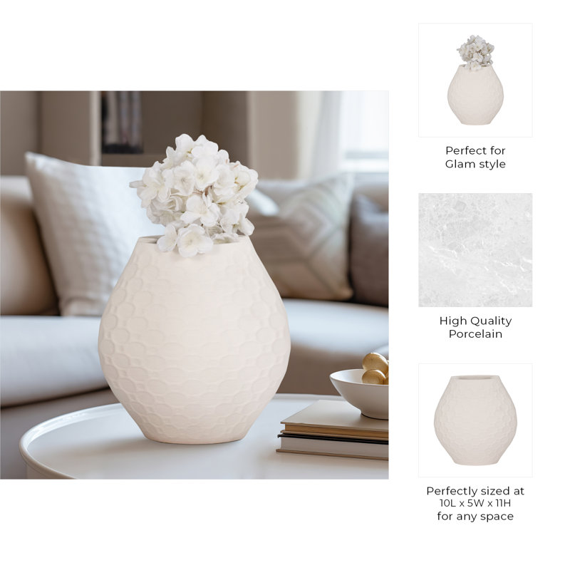 Ribbed Sculptural Stoneware Porcelain Flower Vase for Kitchen Island - Home Decor Tall Design for Table Placement on Dining Table - Ivory & Tan