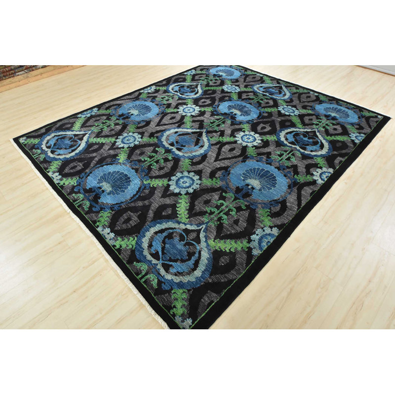 Tapis gris / bleu en laine noué à la main de conception unique 8 pi 1 po x 9 pi 8 po Gabrielly