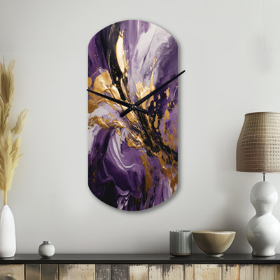 Mauve et or liquide Magic II - horloge cylindrique abstraite en métal, impression d'horloge murale asymétrique mauve