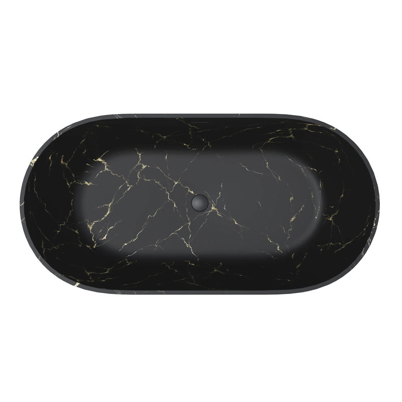 69" Oval Freestanding Solid Surface Bathtub, Black with Gold Veining Marble-Look Soaking Tub with Anti-Slip & Heat Retention Design TL1038-69BT