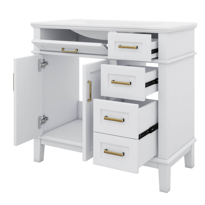 Meuble-lavabo moderne de 36 pouces avec lavabo en céramique à portes fermées et 4 tiroirs de rangement, Blanc