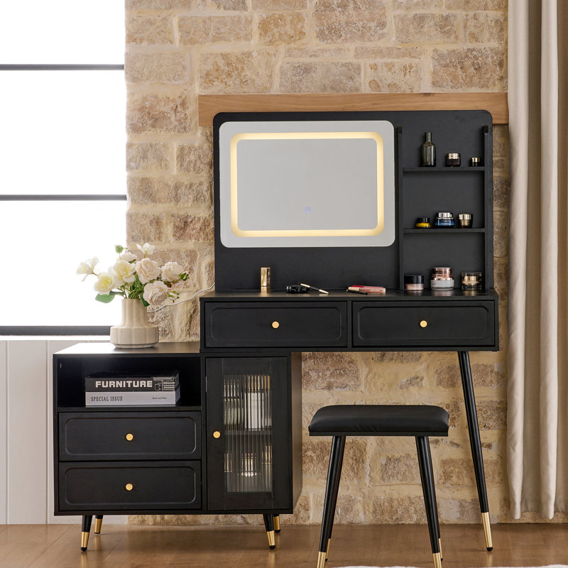 Compact Dressing Table With 3 - Color Adjustable Lights, Drawer Storage, And Built In Power Outlet, Ideal For Small Spaces Fluted Glass Door Modern Length, Equipped Pu Cushioned Stool Exquisite Craft