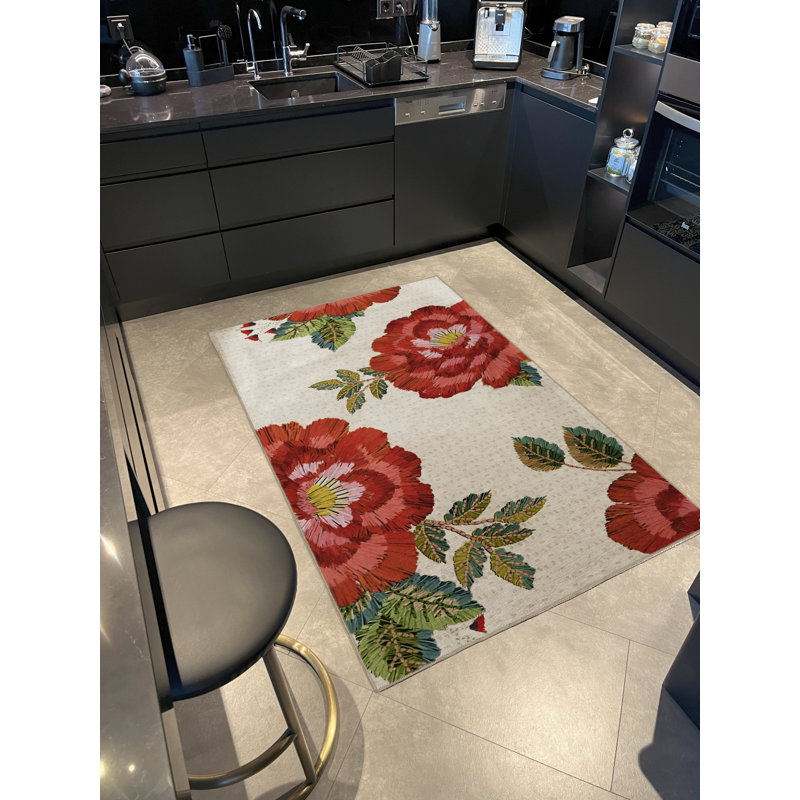 Tapis décoratif moderne beige à motif de roses rouges et de feuilles, Rectangle 3 pi 11,24 po x 5 pi 10,87 po