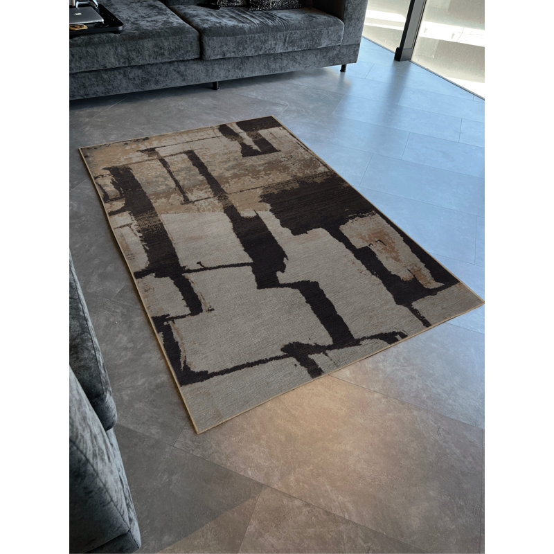 Tapis décoratif moderne à motif abstrait noir et beige, Tapis de couloir 3 pi 9,81 po x 9 pi 10,11 po