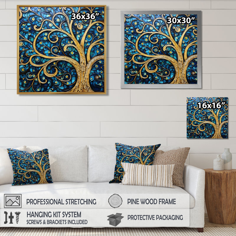 «Whirling Art Nouveau Tree Teal Blue Sky», reproduction d'art murale arbre, H 16 po x l 16 po, Toile tendue